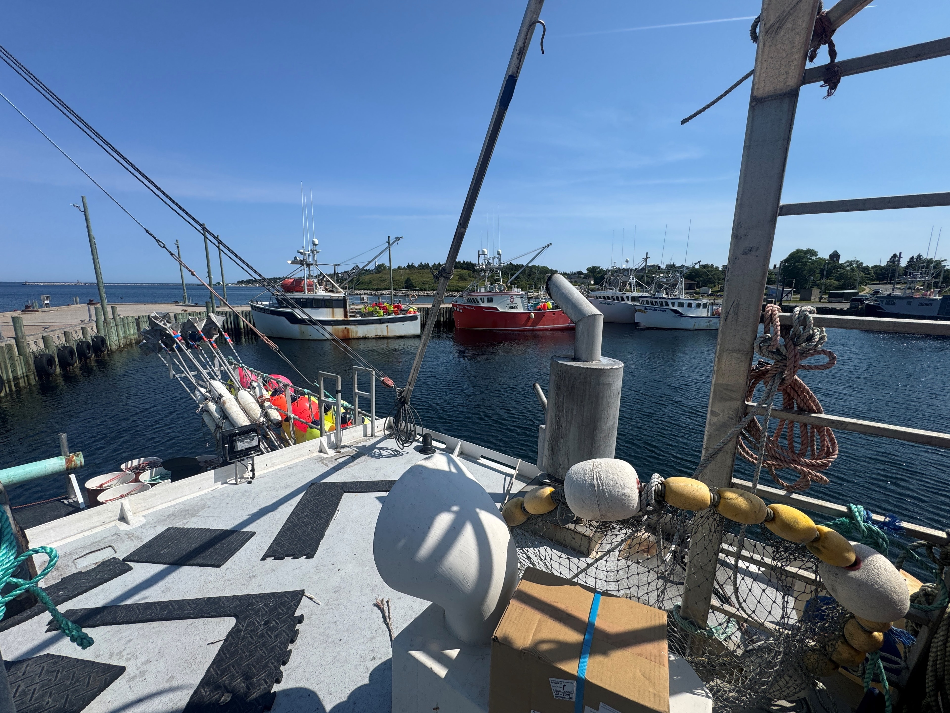 View from fishing vessel deck looking out over Digby harbour